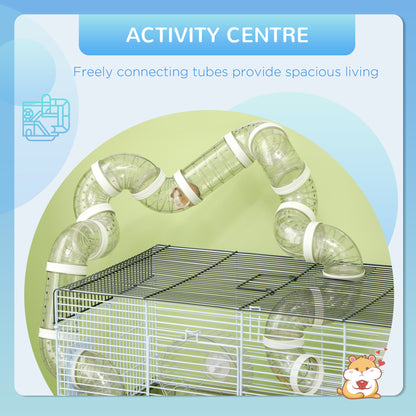 PawHut Small Animal Cage for Gerbil or Dwarf Hamster w/ Tubes, Exercise Wheel, Food Dish, Water Bottle, 23" x 13" x 12", Gray