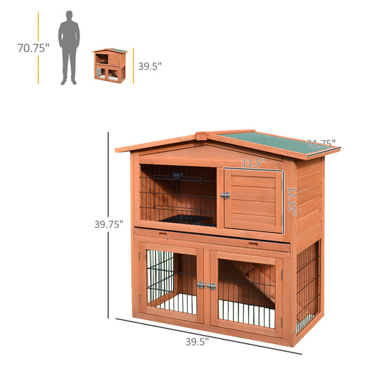 Pawhut 40" Wooden Rabbit Hutch Bunny Cage Small Animal House with No Leak Tray, Ramp, Weatherproof Roof for Outdoor