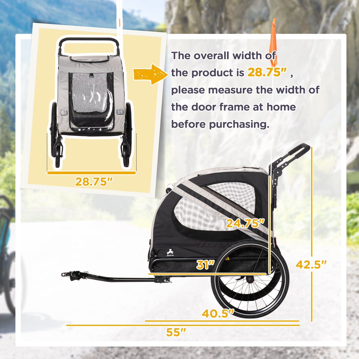 2-in-1 Pet Bike Trailer for Small Dogs, Road-Visibility Dog Stroller Bicycle Carrier, Weather-Strong Bike Wagon Trailer Sidecar Attachment, Gray