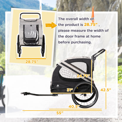 2-in-1 Pet Bike Trailer for Small Dogs, Road-Visibility Dog Stroller Bicycle Carrier, Weather-Strong Bike Wagon Trailer Sidecar Attachment, Gray