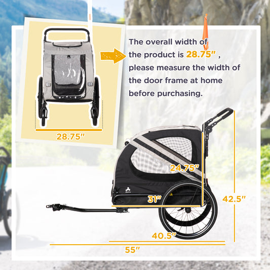 2-in-1 Pet Bike Trailer for Small Dogs, Road-Visibility Dog Stroller Bicycle Carrier, Weather-Strong Bike Wagon Trailer Sidecar Attachment, Gray