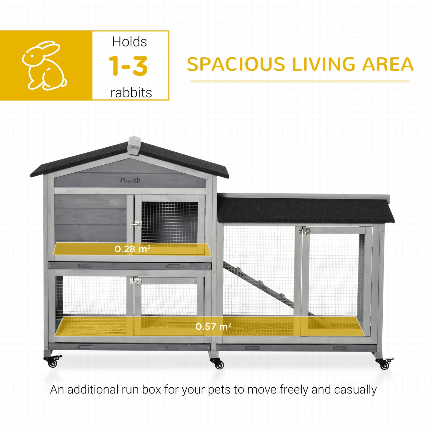 PawHut 62" Wooden Mobile Rabbit Hutch with Wheels, Run Box, Slide-out Tray, Ramp