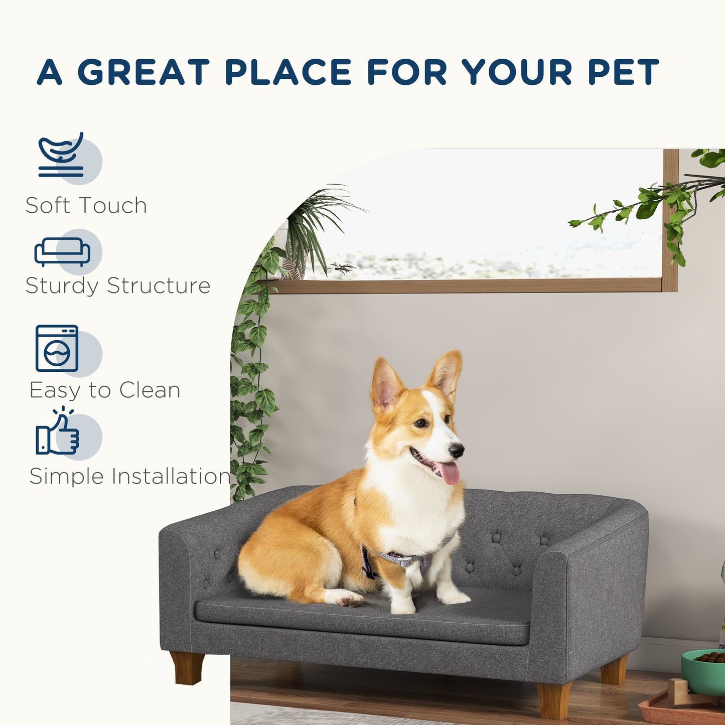 PawHut Raised Dog Sofa, Elevated Pet Sofa for Small Medium Dogs, Gray