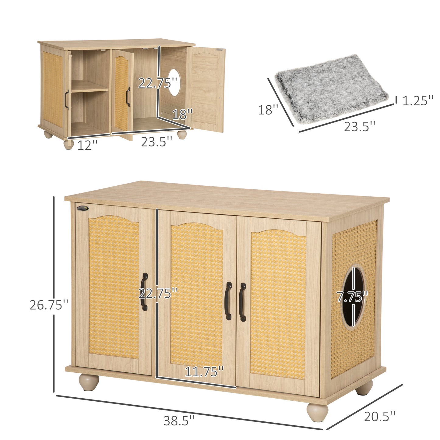 PawHut Cat Litter Box Enclosure Side Table, Cat Washroom Storage with Soft Cushion, PE Rattan, Adjustable Partition, Oak