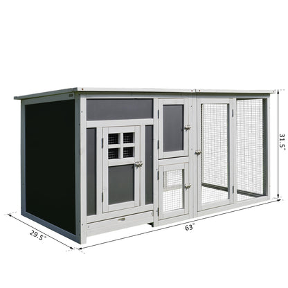 PawHut 32" Luxury Large Wooden Outdoor Open Covered Chicken Coop House with Run and Nesting Box - Gray and White