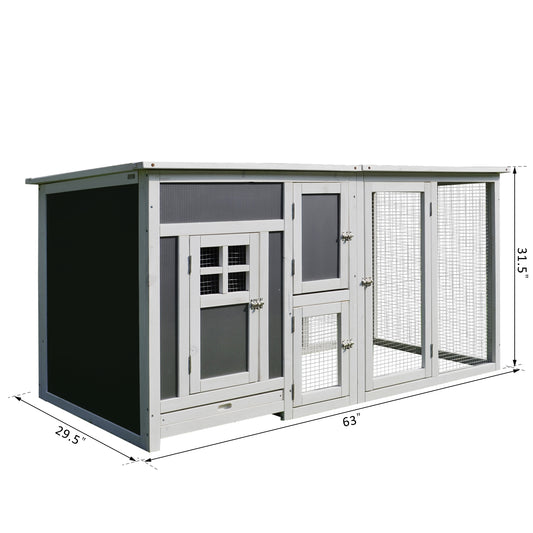 PawHut 32" Luxury Large Wooden Outdoor Open Covered Chicken Coop House with Run and Nesting Box - Gray and White