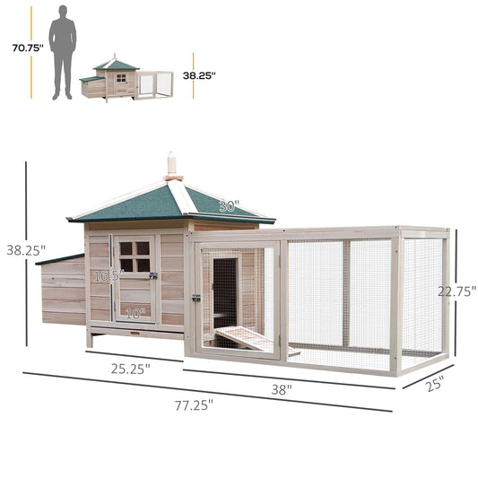 PawHut 77" Wooden Chicken Coop with Nesting Box, Cute Outdoor Hen House with Removable Tray, Ramp Run, for Garden Backyard, Natural