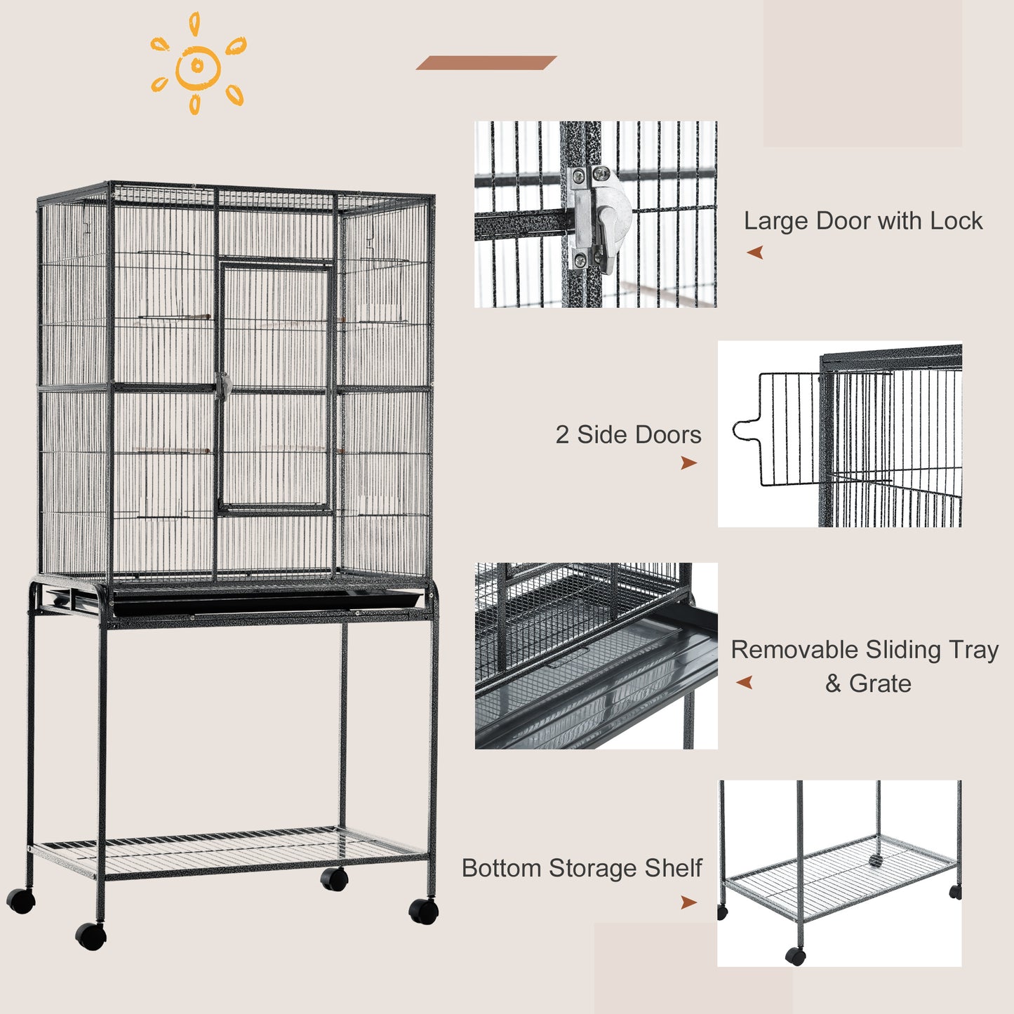 PawHut 30" Rolling Metal Bird Cage Feeder with Detachable Rolling Stand, Storage Shelf, Wood Perch & Food Container