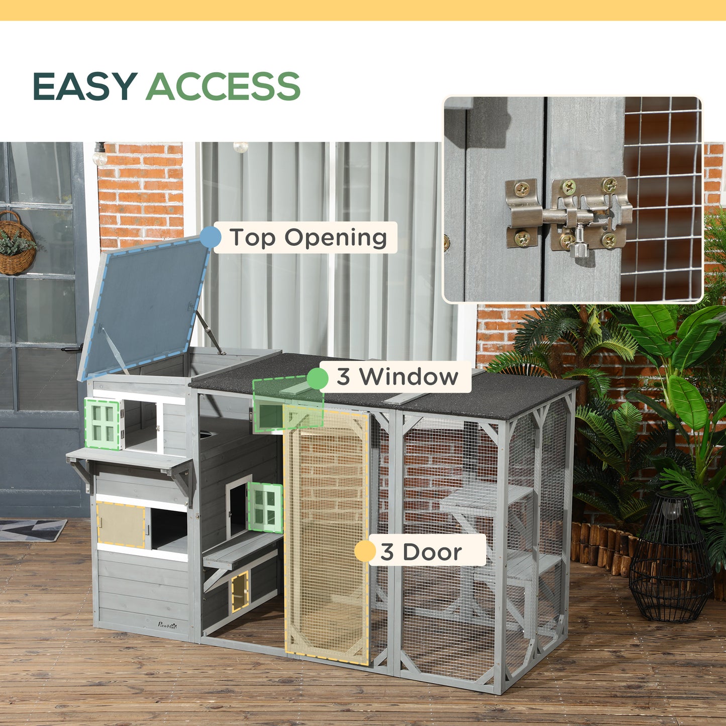 PawHut Catio Outdoor Cat Enclosure, Large Wood Kitten Cat House Enclosure with 3-Level Design, Weatherproof Roof, Big Hiding Areas, Multiple Platforms, Resting Box, 45"H, Gray