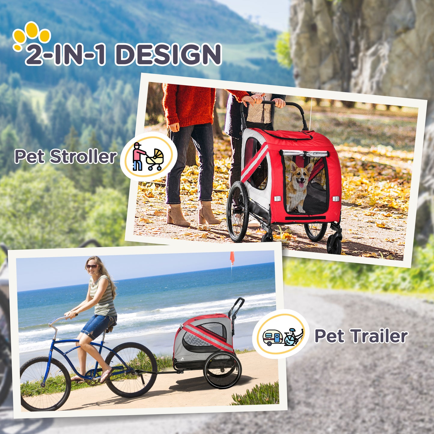 2-in-1 Pet Bike Trailer for Small Dogs, Road-Visibility Dog Stroller Bicycle Carrier, Weather-Strong Bike Wagon Trailer Sidecar Attachment, Red