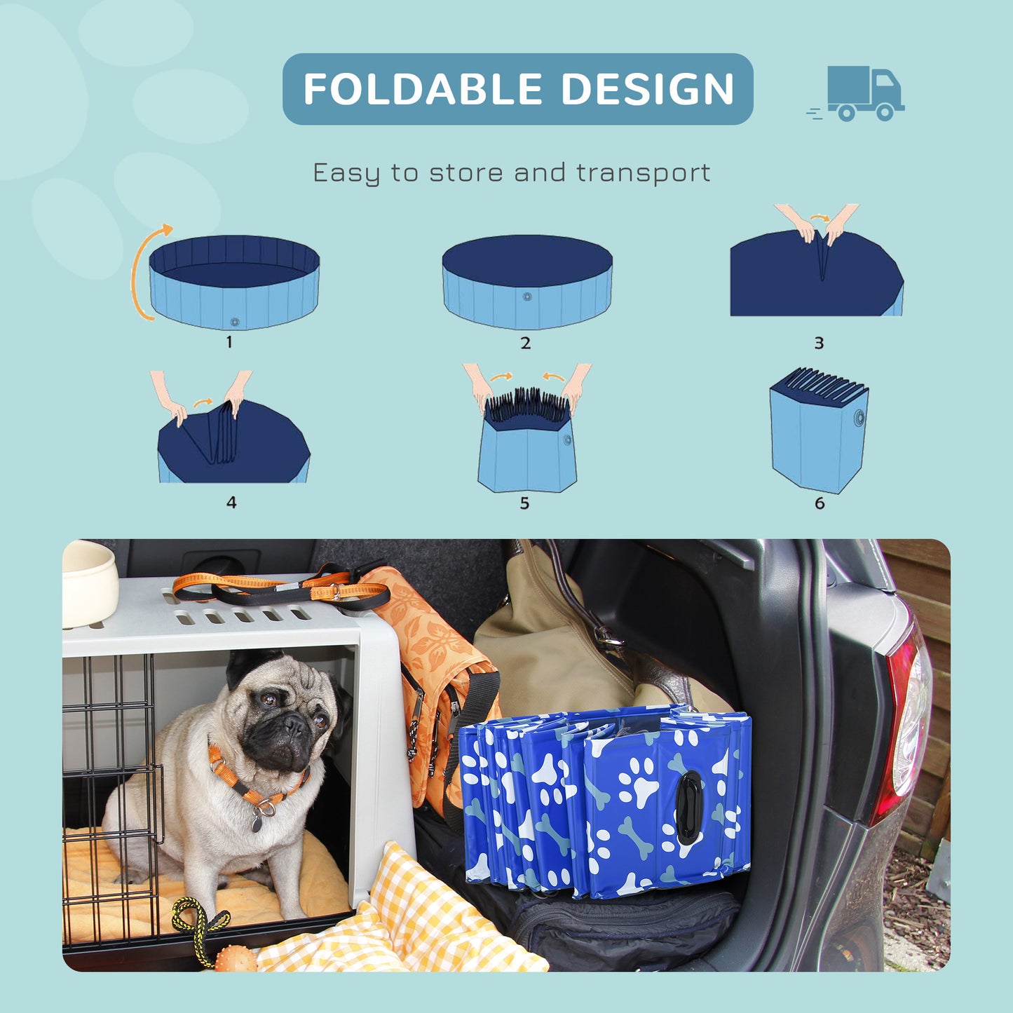 PawHut Foldable Pet Swimming Pool, Portable Dog Bathing Tub, 12" x 63" Plastic Large Dog Pool for Outdoor Dogs and Cats, Blue