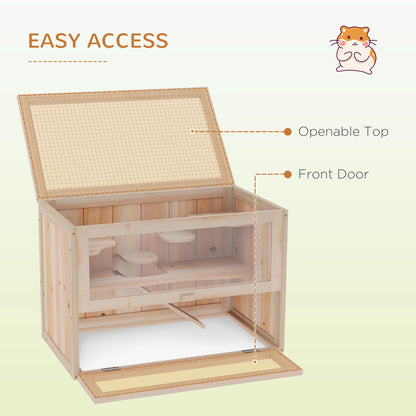 PawHut 2-Level Hamster Cage Mice and Rat House, Small Animal Habitat for Guinea Pigs, Chinchillas with Openable Top, Front Door, Shelf and Ladder, Natural