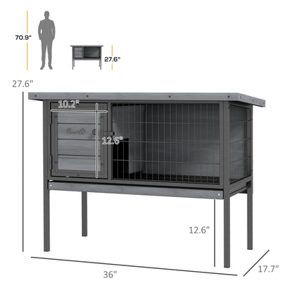 PawHut Wooden Rabbit Hutch Elevated with No Leak Tray, Openable Roof for Indoor/Outdoor, Gray