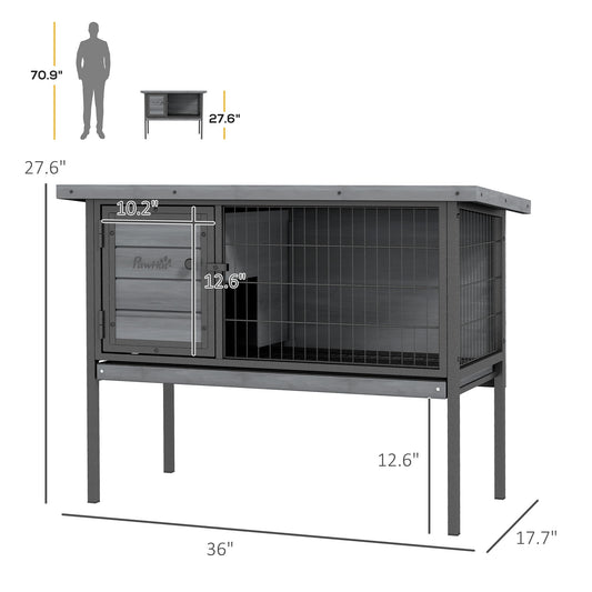 PawHut Wooden Rabbit Hutch Elevated with No Leak Tray, Openable Roof for Indoor/Outdoor, Gray
