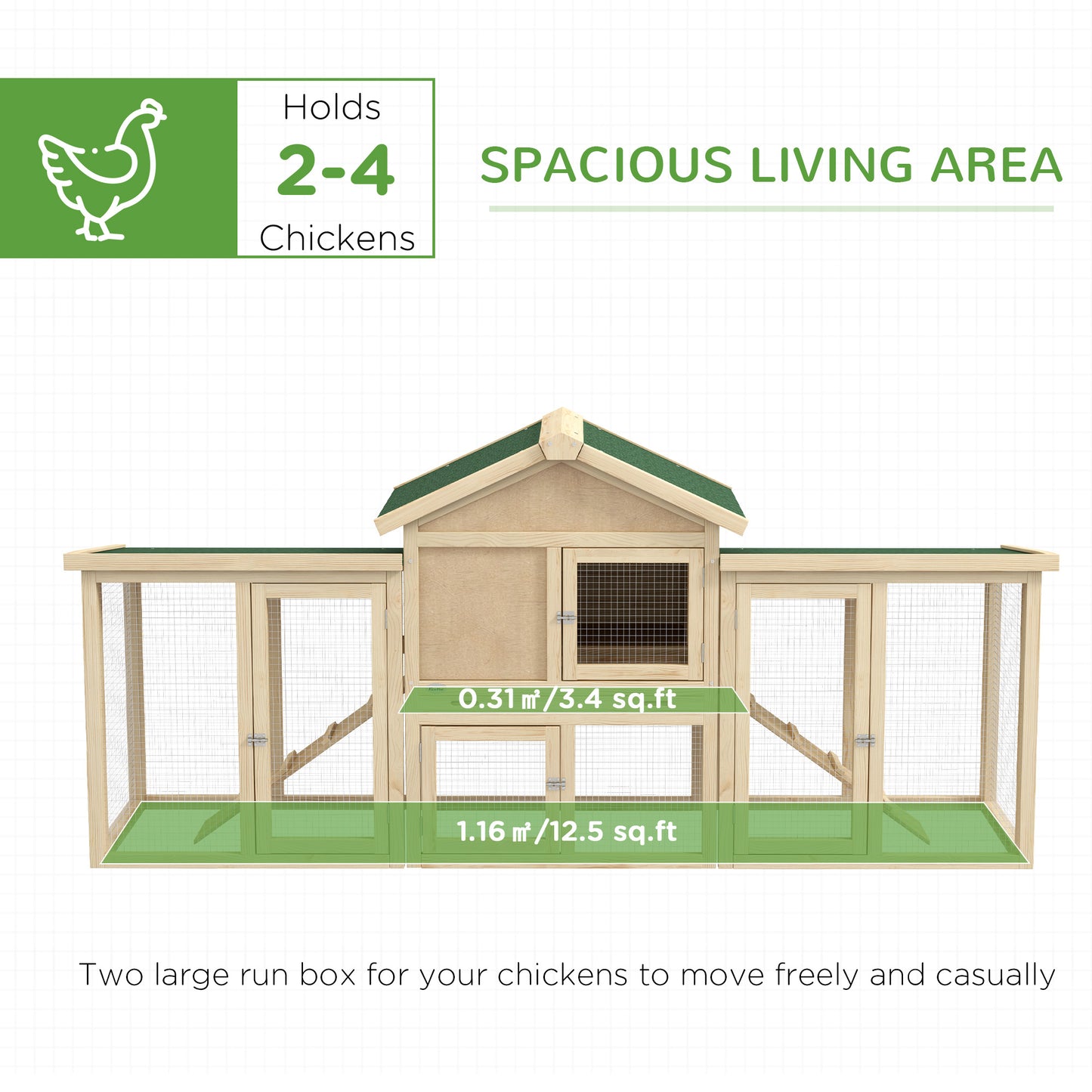 PawHut Wooden Chicken Coop ith Nesting Box, Double Runs, Removable Tray, Ramps, for Garden Backyard