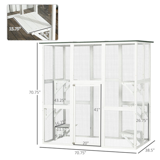 PawHut Outdoor Cat House Big Catio Wooden Feral Cat Shelter Enclosure with Large Spacious Interior, 6 High Ledges, Weather Protection Asphalt Roof, 71" L, White