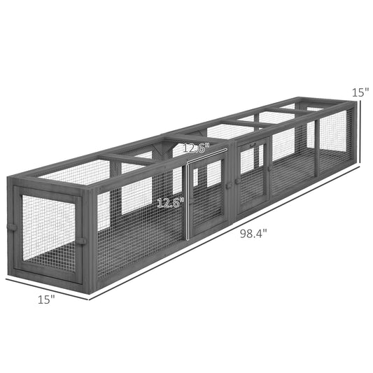 PawHut Wooden 98" Cat Tunnel for Outdoor with Combinable Design, 8 Doors, Dark Gray