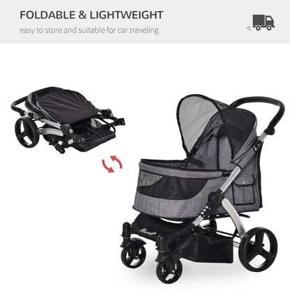 PawHut Pet Stroller Foldable Dog Cat Travel Carriage with Adjustable Handlebar PVC Wheel Brake Storage Bag Mesh Window Safety Leash Aluminum Grey