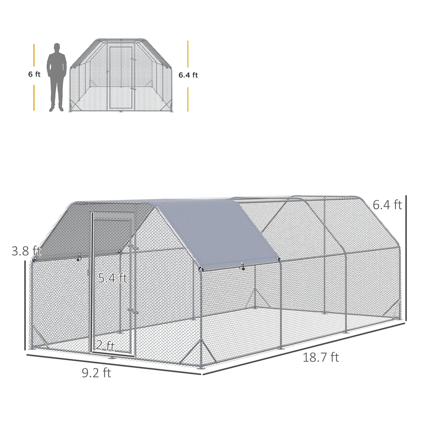 PawHut Large Chicken Coop Metal Chicken Run with Waterproof and Anti-UV Cover, Flat Shaped Walk in Fence Cage Hen House for Outdoor and Yard Farm Use, 1" Tube Diameter, 9.2' x 18.7' x 6.4'