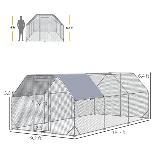PawHut Large Chicken Coop Metal Chicken Run with Waterproof and Anti-UV Cover, Flat Shaped Walk in Fence Cage Hen House for Outdoor and Yard Farm Use, 1" Tube Diameter, 9.2' x 18.7' x 6.4'