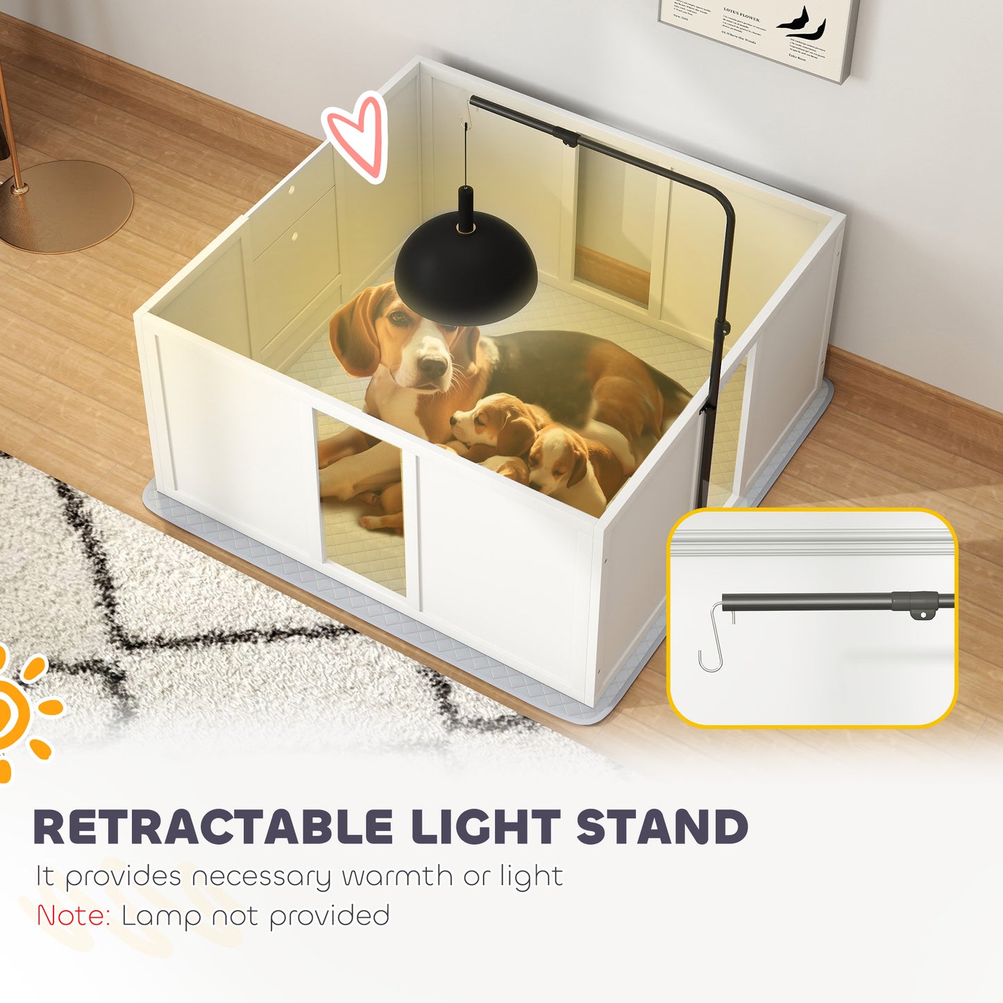 PawHut Whelping Box for Dogs with Retractable Light Stand, Washable Waterproof Pee Pad & Adjustable Door, 39" x 38" x 19"
