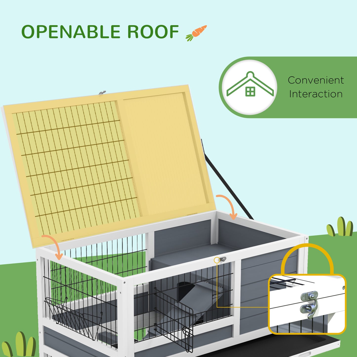 PawHut Gray 2-Story Rabbit Hutch—Wheeled, Feeder Included