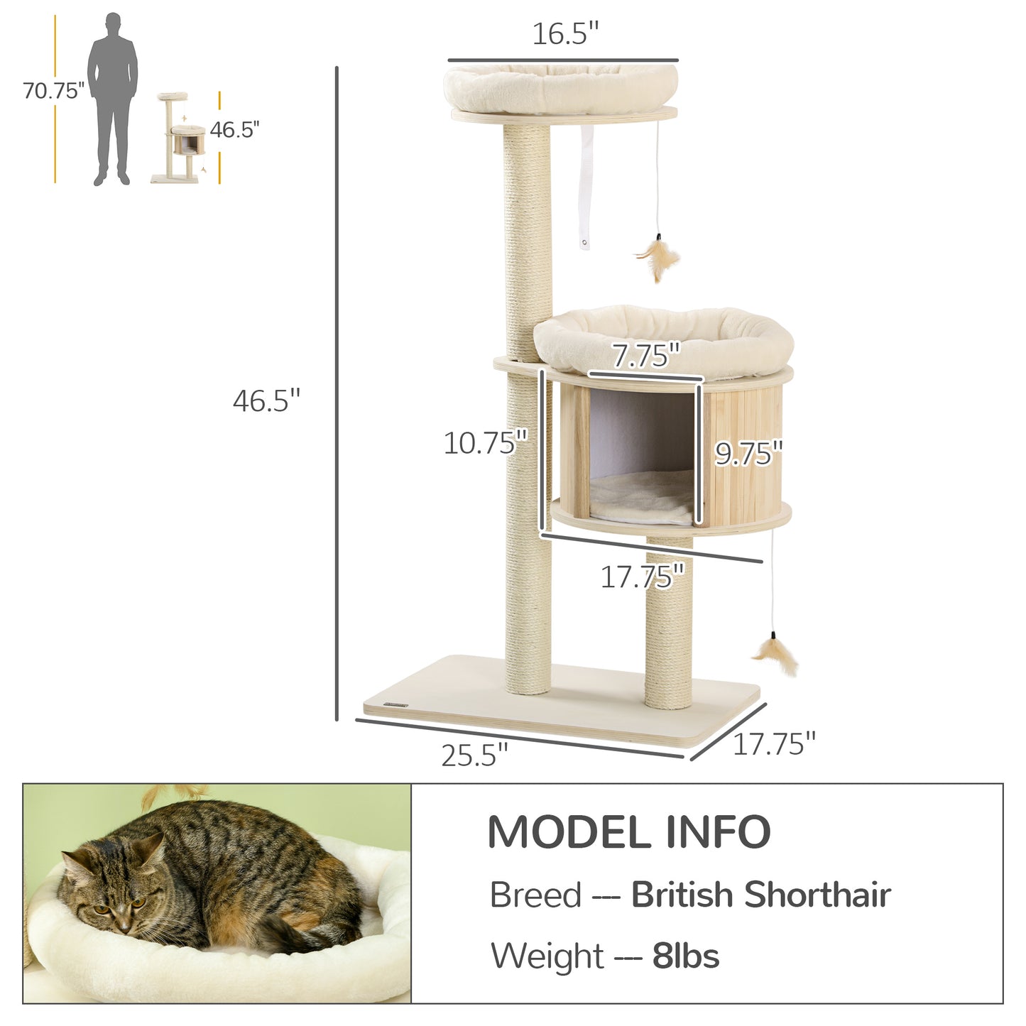 PawHut Cat Tree, 3 Level Cat Tower with Scratching Posts, Bed, Condo, Badminton Toys, for Multiple Kittens