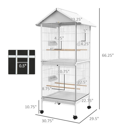 PawHut Wrought Metal Bird Cage Feeder with Rolling Stand Perches Food Containers Doors Wheels 67" H, White