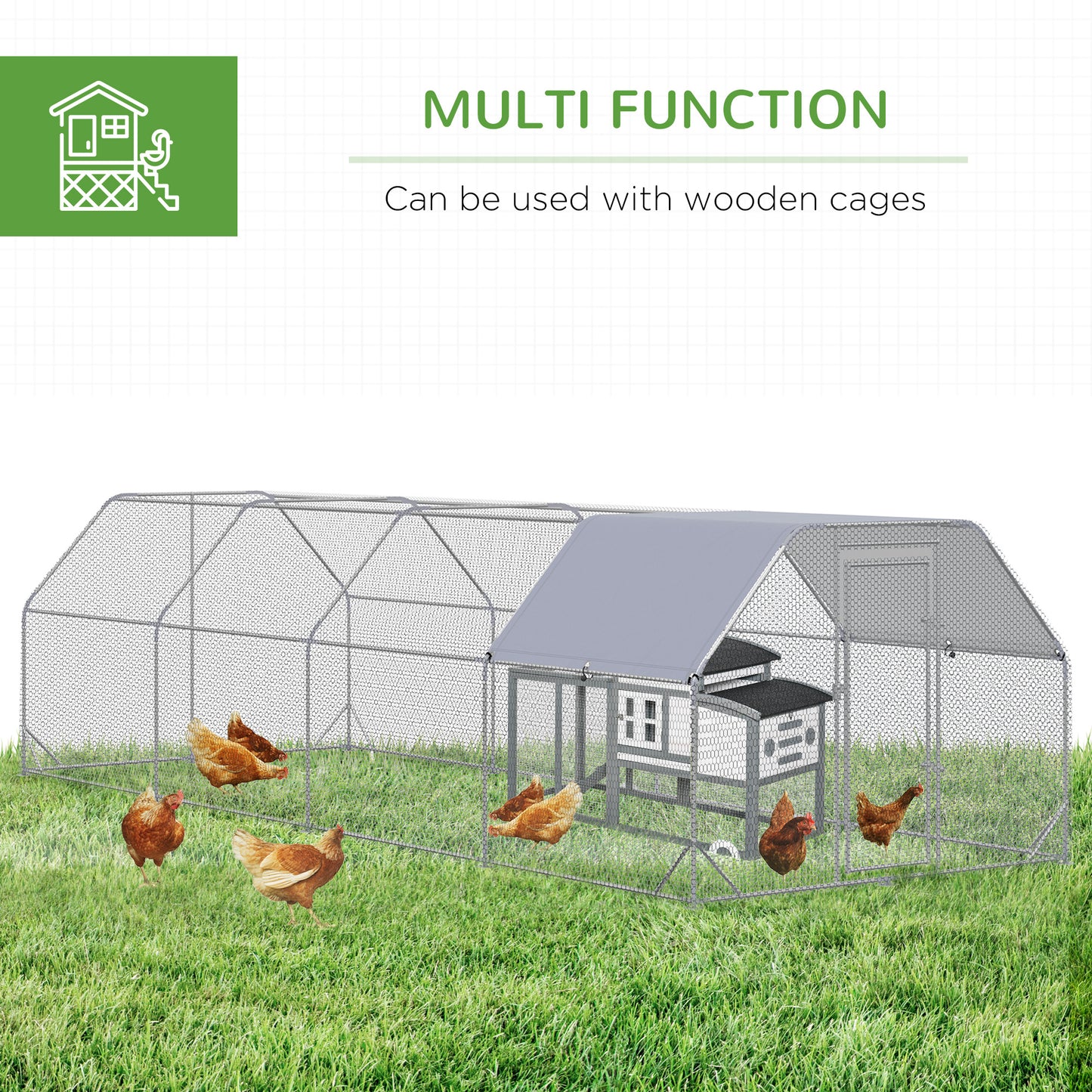 PawHut Large Chicken Coop Metal Chicken Run with Waterproof and Anti-UV Cover, Flat Shaped Walk in Fence Cage Hen House for Outdoor and Yard Farm Use, 1" Tube Diameter, 9.2' x 24.9' x 6.4'