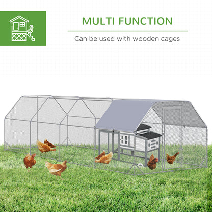 PawHut Large Chicken Coop Metal Chicken Run with Waterproof and Anti-UV Cover, Flat Shaped Walk in Fence Cage Hen House for Outdoor and Yard Farm Use, 1" Tube Diameter, 9.2' x 24.9' x 6.4'
