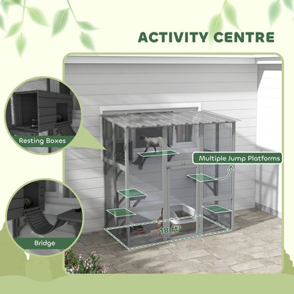 PawHut Catio Outdoor Cat Enclosure, Window Box Wooden Cat House with Bridge Platforms, Gray