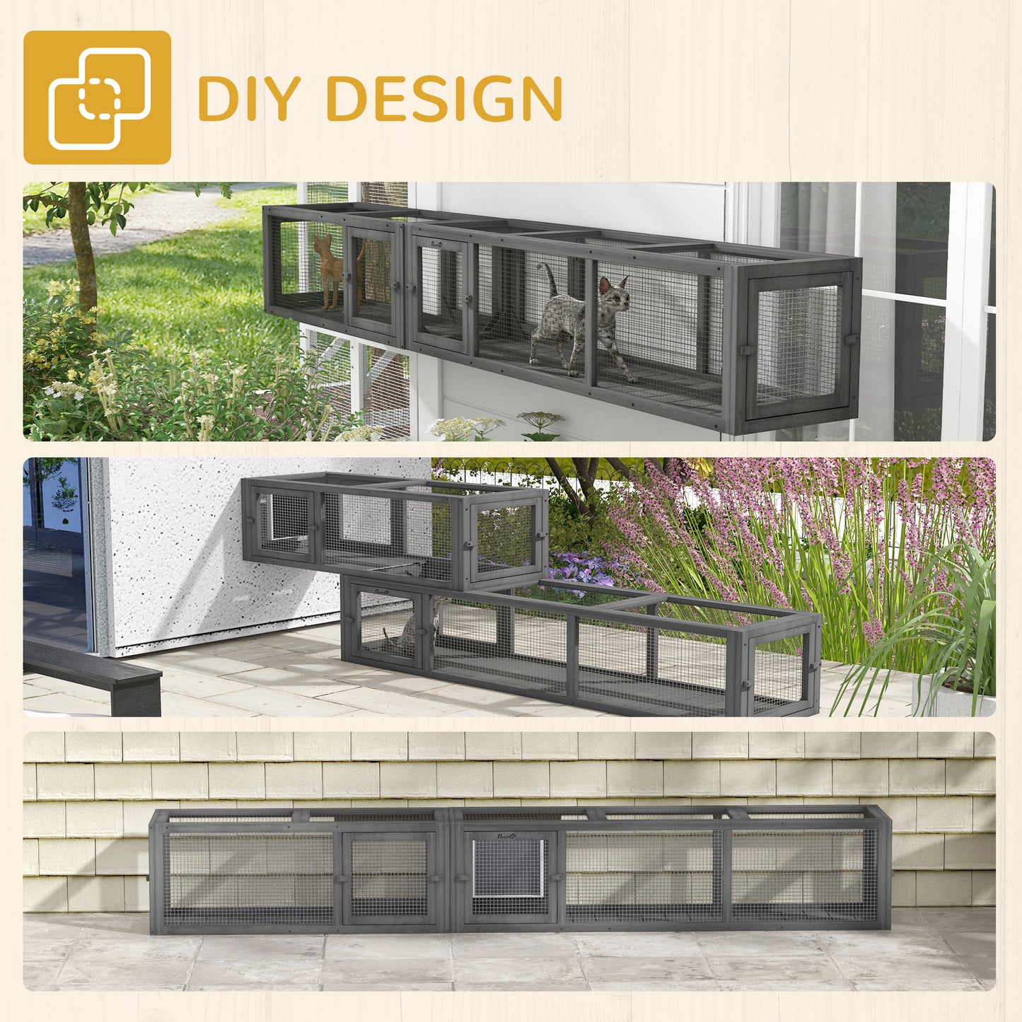 PawHut Wooden 98" Cat Tunnel for Outdoor with Combinable Design, 8 Doors, Dark Gray