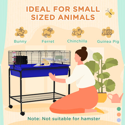 PawHut Two-Story Small Animal Cage Removable from Stand, Pet Habitat with Shelf & Wheels, 33" x 18.5" x 35", Blue