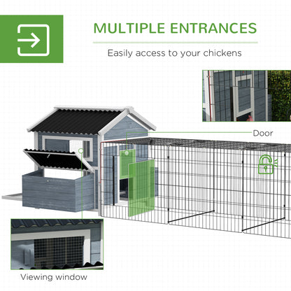 PawHut 11' x 5' x 3.5' Wooden Chicken Coop with Nesting Box, Run, Pull-out Tray, Perches for 2-4 Chickens, Dark Gray