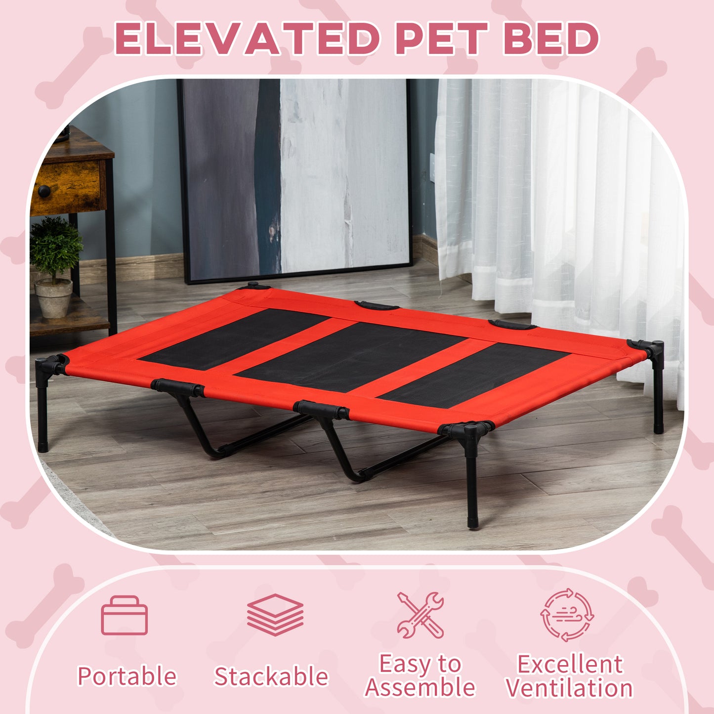 PawHut XL Elevated Dog Bed, Outdoor Raised Dog Bed, Portable Pet Cot w/Carry Bag Metal Frame Breathable Mesh Indoor and Outdoor Red