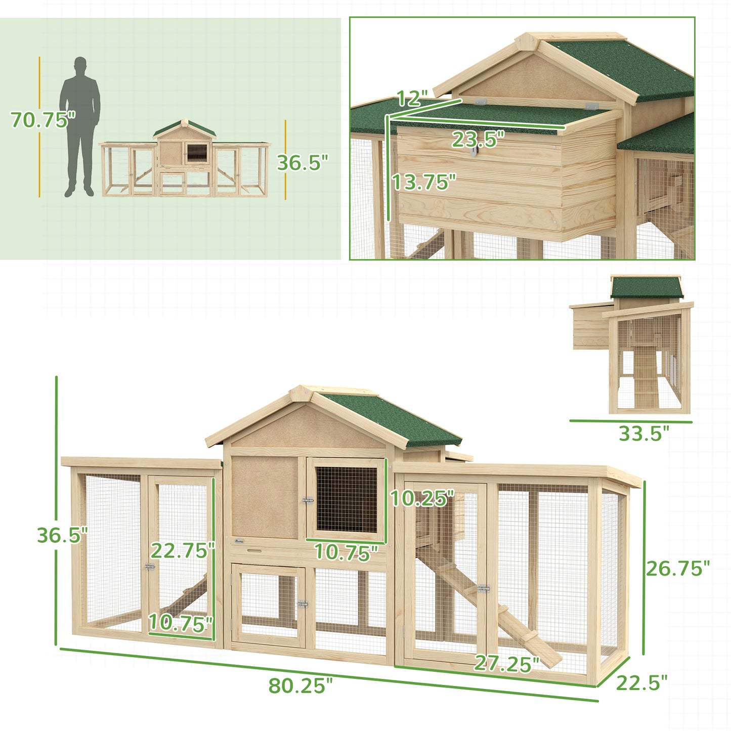 PawHut Wooden Chicken Coop ith Nesting Box, Double Runs, Removable Tray, Ramps, for Garden Backyard