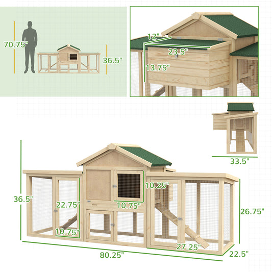 PawHut Wooden Chicken Coop ith Nesting Box, Double Runs, Removable Tray, Ramps, for Garden Backyard