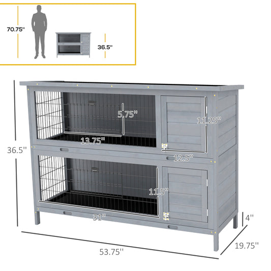 PawHut 54" 2-Story Large Rabbit Hutch Bunny Cage Wooden Pet House Small Animal Habitat with Lockable Doors, No Leak Tray and waterproof Roof for Rabbits, Chickens, Ducks, Outdoor/Indoor Gray