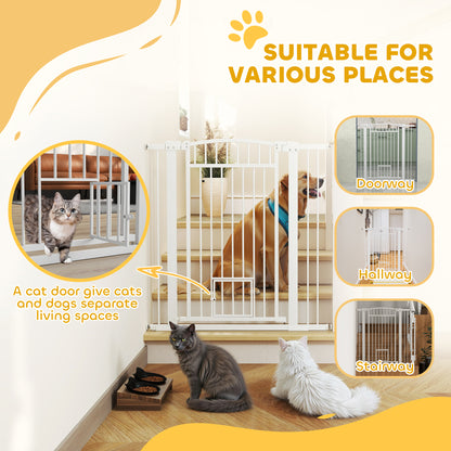 PawHut 30"-41" Extra Wide Walk Through Dog Gate w/ Cat Door, 3-Inch & 5.5-Inch Extension Kits, 42" High