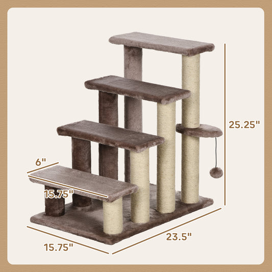 PawHut 4 Levels Cat Steps with Scratching Posts for High Bed, Sofa, Brown
