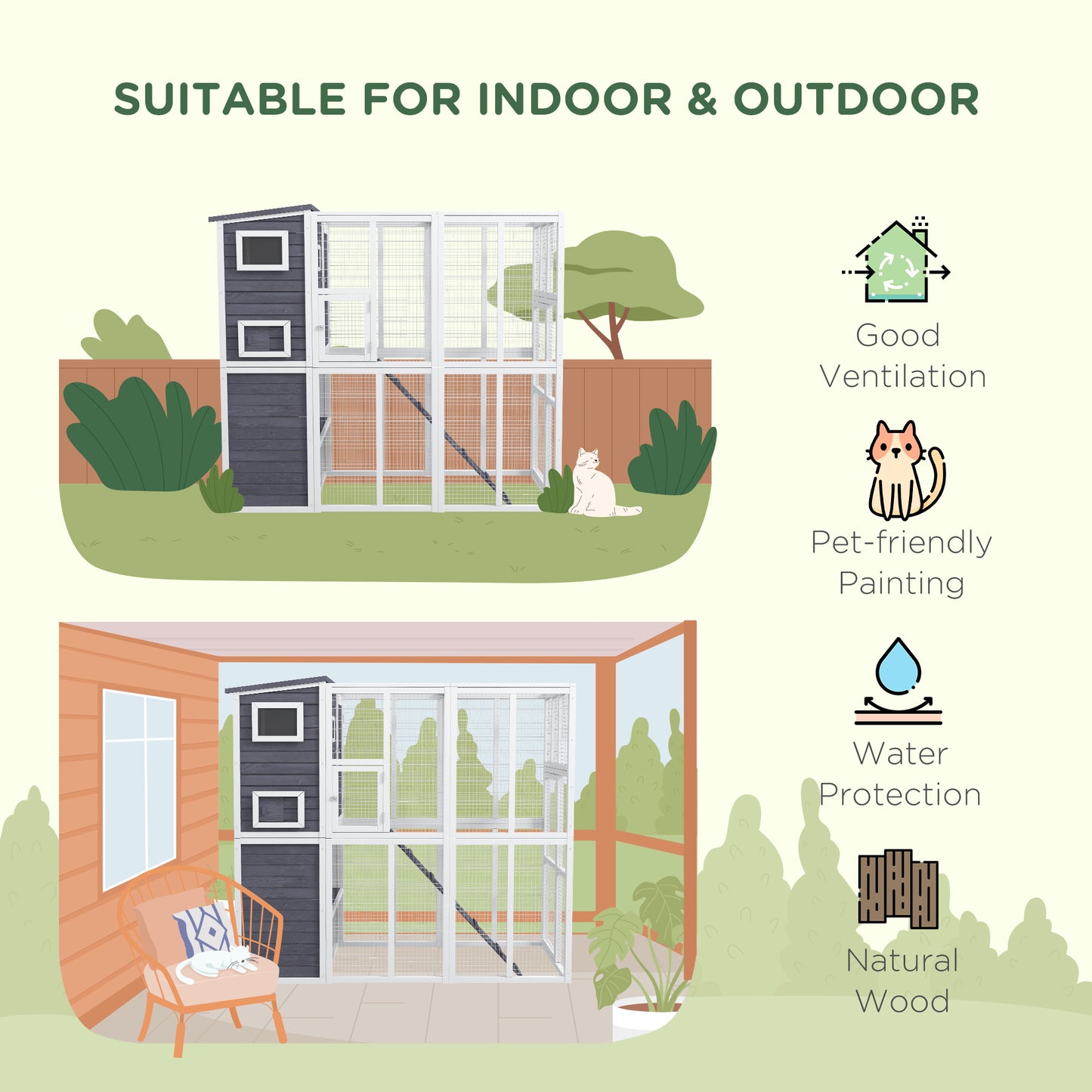 PawHut Wooden Outdoor Catio with Platforms, Asphalt Roof, Ramps, Light Gray