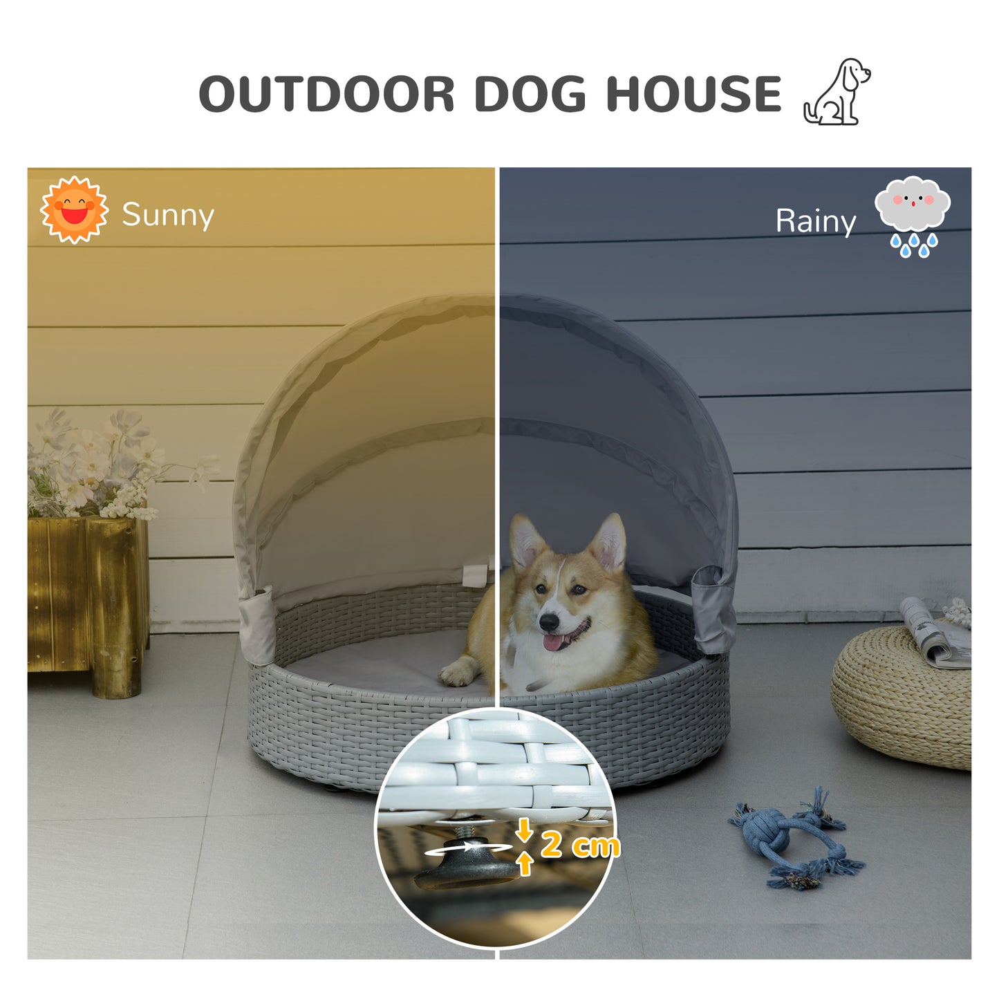 PawHut Wicker Dog Bed Rattan Pet Sofa with Adjustable Canopy Pet House Shelter for Small Dogs with Cushion Indoor Outdoor, Grey