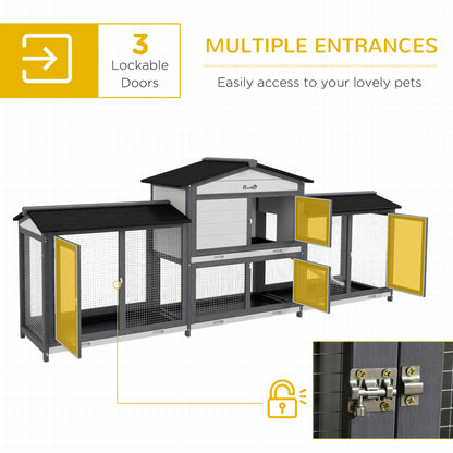 PawHut 90.5" Wooden Rabbit Hutch Bunny Cage Pet Playpen House Enclosure with Double Side Run Boxes, No Leak Tray, Ramp, for Rabbits, Chickens, Ducks, Guinea Pig and Small Animals, Light Gray