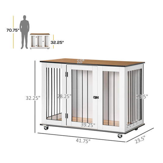 PawHut Dog Crate, Dog Cage End Table with Wheels & Big Tabletop, Indoor Dog Crate Furniture with Lockable Door, White
