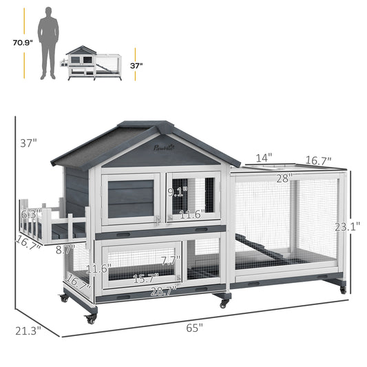 PawHut 65" Wooden Rabbit Hutch, Pet Playpen with Openable Roof & Storage Box for Rabbits and Small Animals, Gray