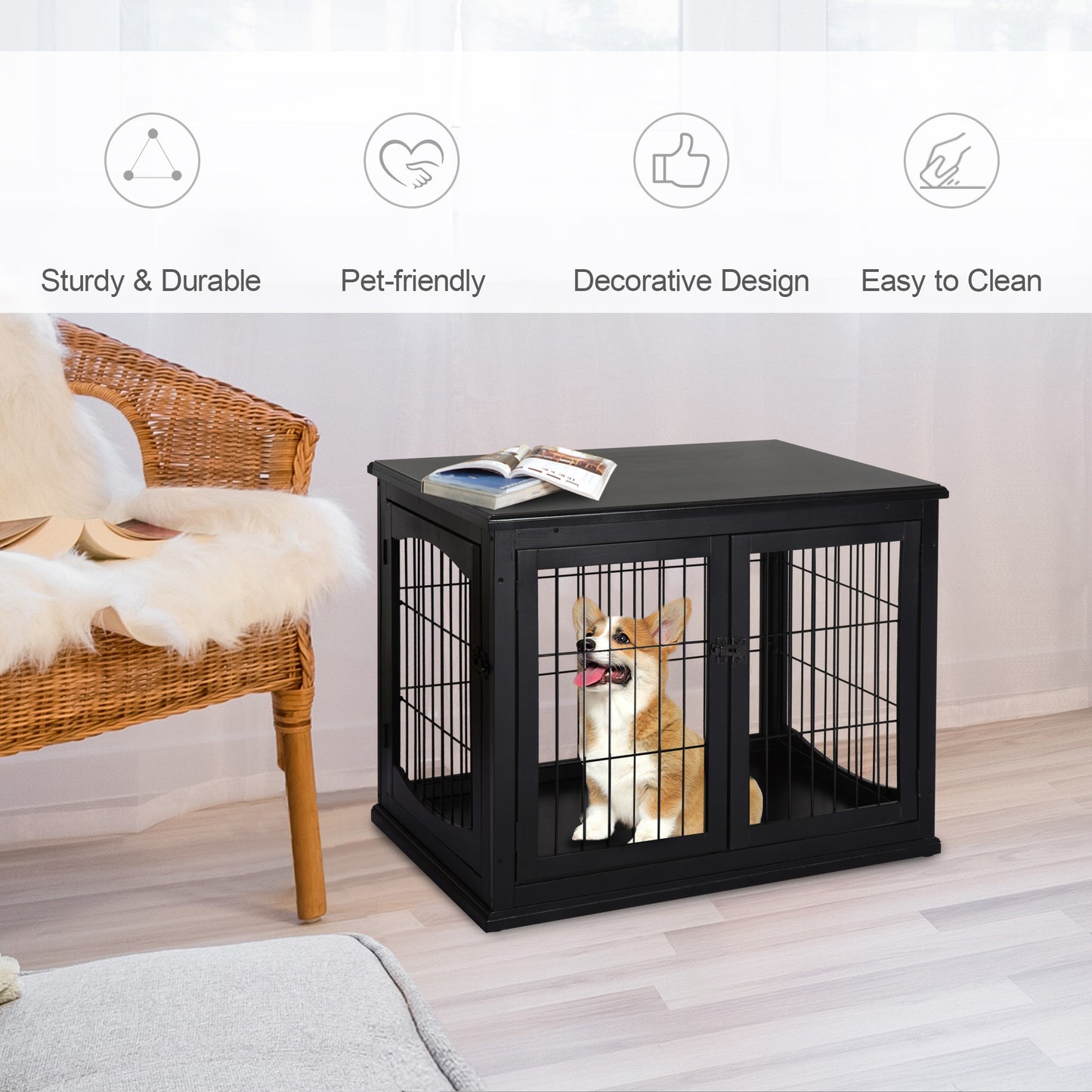 PawHut Dog Crate Furniture, 32" Small Dog Cage End Table with 2 Doors, Lockable Door, Puppy Kennel Indoor, Black