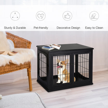 PawHut Dog Crate Furniture, 32" Small Dog Cage End Table with 2 Doors, Lockable Door, Puppy Kennel Indoor, Black