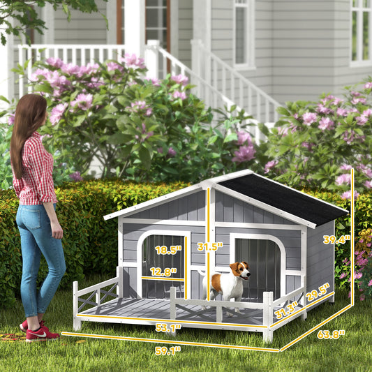PawHut Dog House Outdoor, Wooden Dog Kennel Weatherproof with Porch, Openable Roof, Removable Bottom, Elevated Floor, Double Room for 2 Small to Medium Breeds, Gray