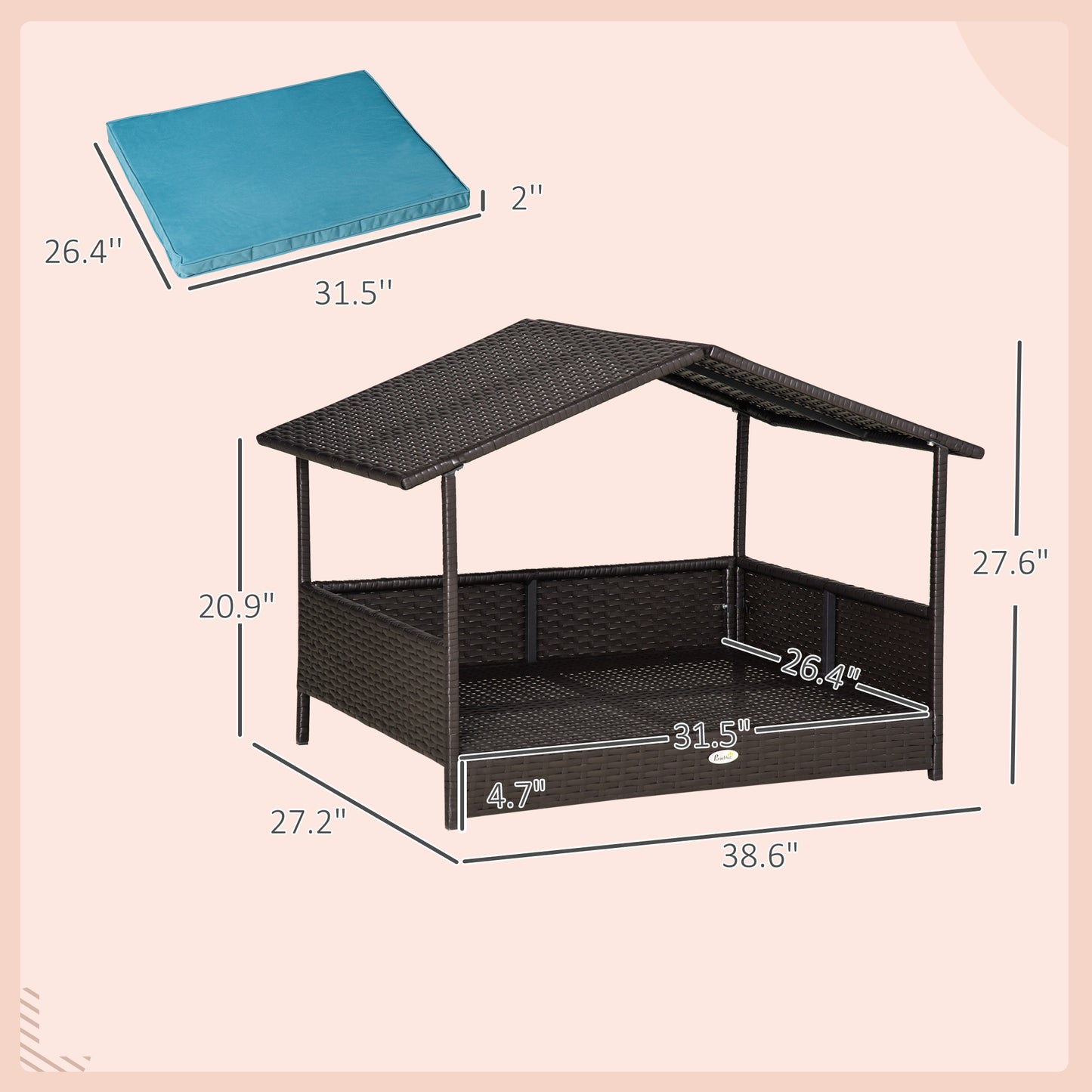 PawHut Wicker Dog House Outdoor with Canopy, Rattan Dog Bed with Water-resistant Cushion, Raised Dog Bed for Small, Medium Dogs up to 66 lbs, 19.75" in Length, Brown Wicker, Blue Cushion