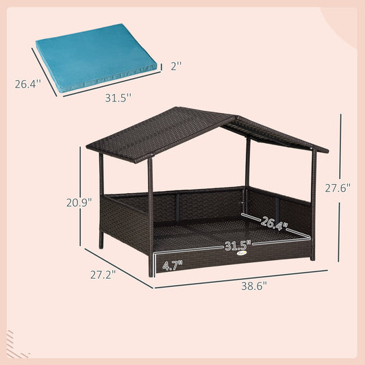 PawHut Wicker Dog House Outdoor with Canopy, Rattan Dog Bed with Water-resistant Cushion, Raised Dog Bed for Small, Medium Dogs up to 66 lbs, 19.75" in Length, Brown Wicker, Blue Cushion